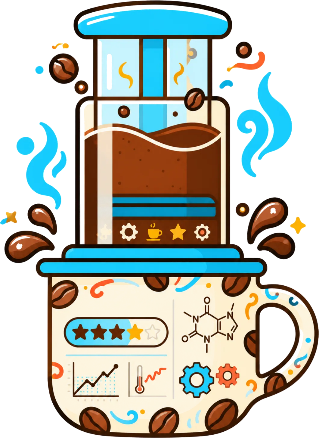An illustrated AeroPress pressing into a mug covered in tasting charts, star ratings and a caffeine molecule.
