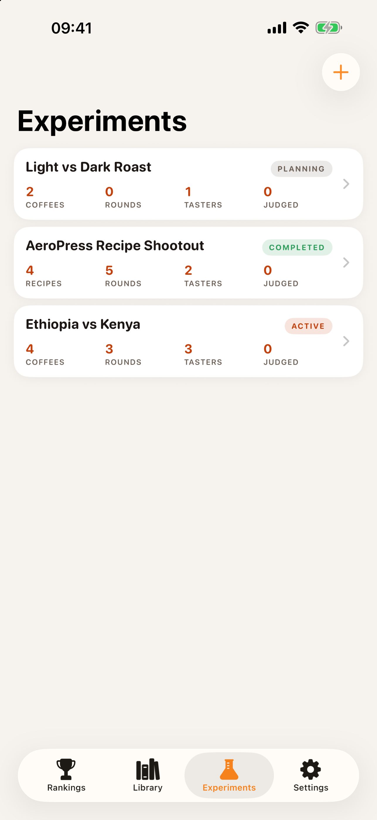 Experiments: Light vs Dark Roast, AeroPress Recipe Shootout and Ethiopia vs Kenya, each with coffees, rounds and tasters.